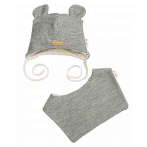 Baby Nellys Pletená čepice s bavlněnou podšívkou a šátkem 2v1, Teddy Hand made - šedá, 68/74