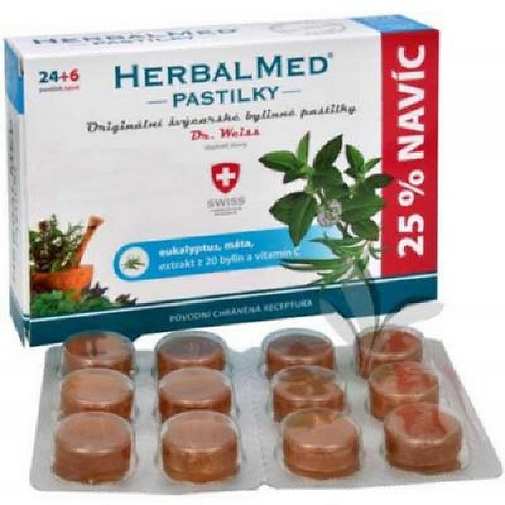 HERBALMED Dr.Weiss pastilky Eukalypt, máta, vitamín C 24+6 pastilek