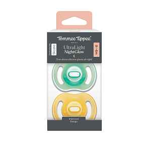 Tommee Tippee Silikonový dudlík Ultra-light Night 0-6m 2 ks oranžová a zelená