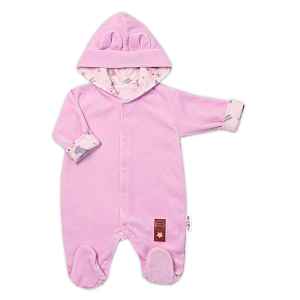 Baby Nellys Semiškový, velurový overal s kapucí Baby Nellys Bunny II., růžový, vel. 80