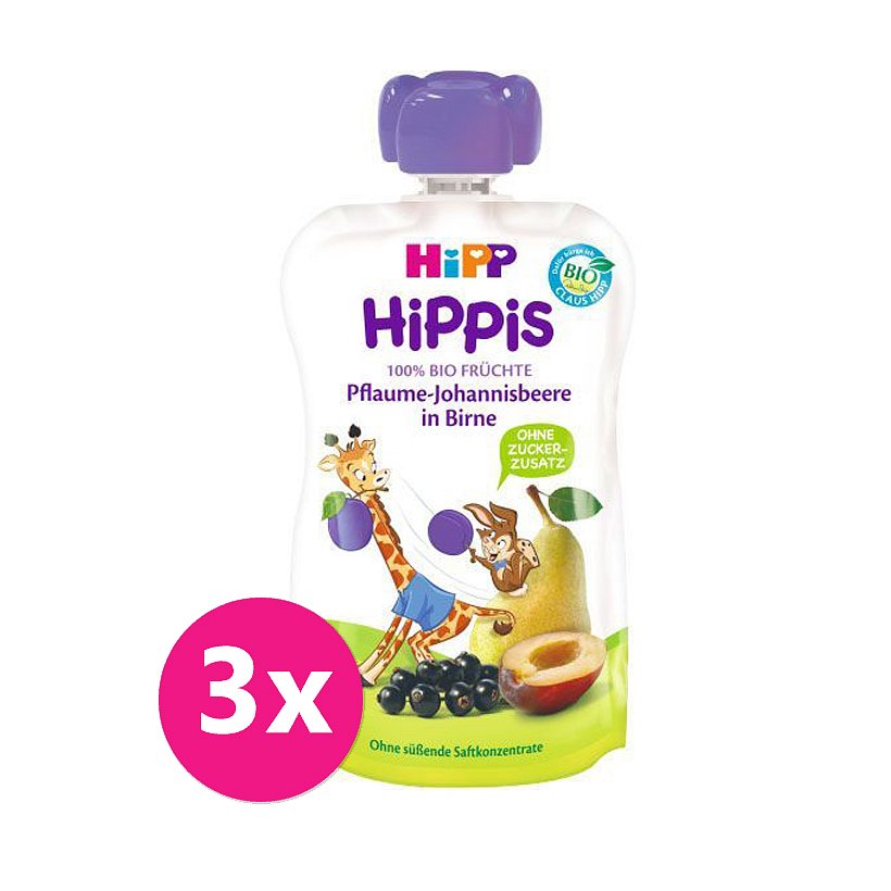 3x HIPP HiPPiS BIO 100% ovoce Hruška-Černý rybíz-Švestka 100 g - ovocný příkrm