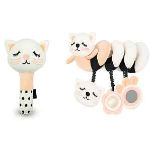 BocioLand Plyšová senzorická spirála + plyšové pískátko Kočička - růžová, bílá