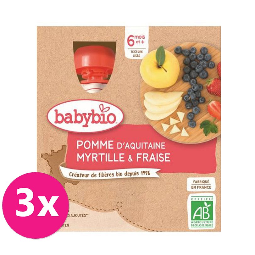 3x BABYBIO Kapsička jablko borůvky jahody - ovocný příkrm (4x90 g)