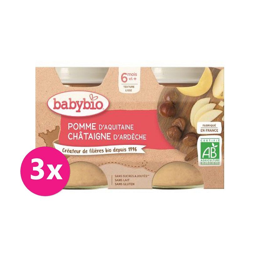 3x BABYBIO Jablko s kaštanovým pyré 2x130 g – ovocný příkrm