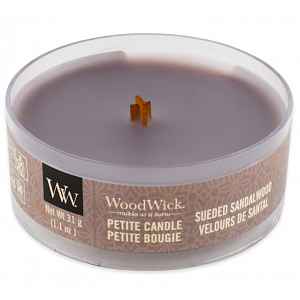 WoodWick Petite malá svíčka s dřevěným knotem semiš a santalové dřevo 31 g