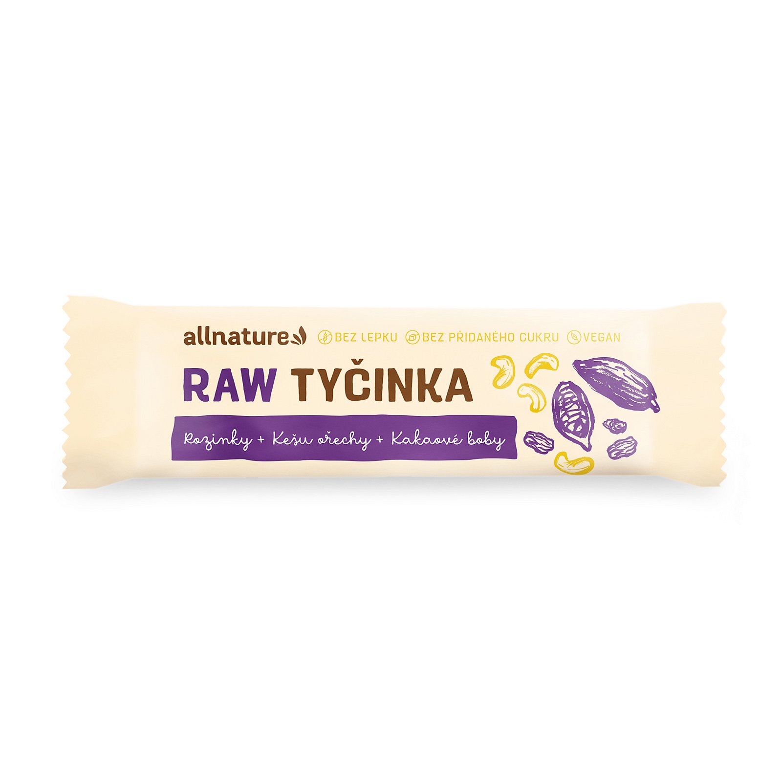 Allnature Bezlepková RAW tyčinka rozinky, kešu, kakaové boby 45 g