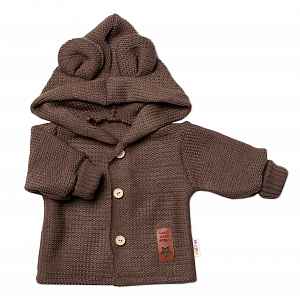 Baby Nellys Pletený svetřík s knoflíčky a kapucí s oušky, hnědý,68