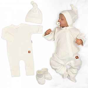 Baby Nellys Rostoucí žebrovaný overálek, čepička a botičky, 3D, Nature - ecru