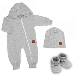 Baby Nellys Rostoucí teplákový overal pro miminko, čepice, botky, 3D, Nature - šedý melír