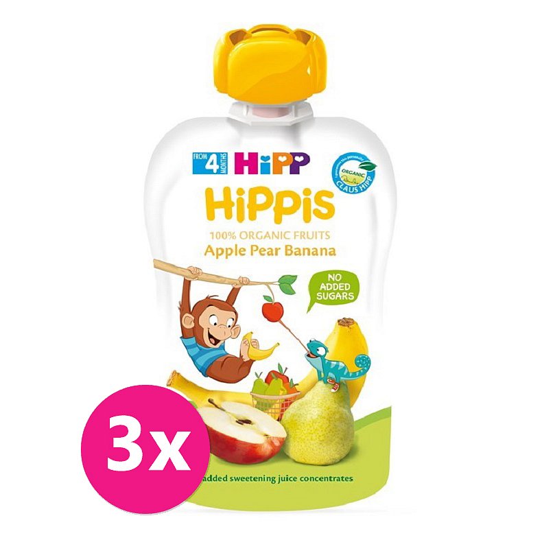 3x HIPP HiPPiS BIO 100% ovoce Jablko-Hruška-Banán 100 g – ovocný příkrm