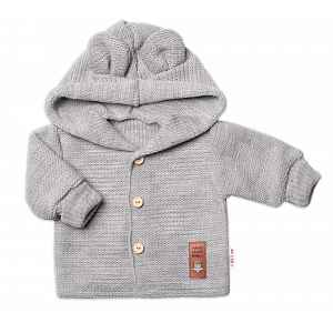 Baby Nellys Pletený svetřík s knoflíčky a kapucí s oušky, šedý,74