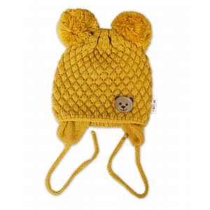 Baby Nellys Zimní čepice Teddy Bear na zavazování, hořčicová