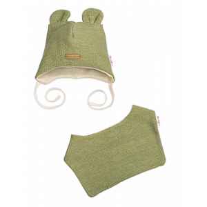 Baby Nellys Pletená čepice s  šátkem 2v1, Teddy Hand made - oliva, 68/74