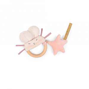 Moulin Roty Chrastítko s dřevěným kroužkem Pink mouse
