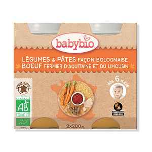 BABYBIO Denní menu Zelenina s těstovinami na boloňský způsob s farmářským hovězím masem 2x200 g