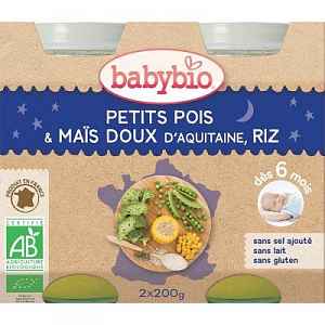 BABYBIO večerní menu hrášek se sladkou kukuřicí a rýží 2x200 g